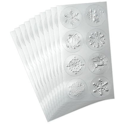 Hallmark - Sello de vinilo plateado para sobres (80 sellos) copos de nieve, árboles, renos