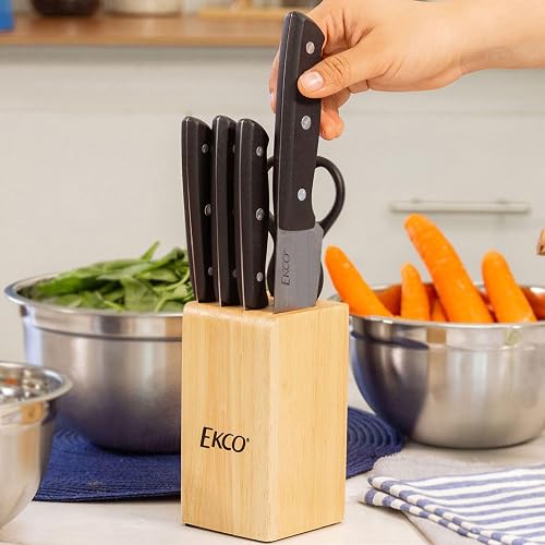 Ekco | Juego de Cuchillos Classic 6 Piezas Acero Inoxidable y Bloque Madera | Hoja completa, Bloque de madera, Tijeras multiusos, Cuchillos para cocina, Destapador integrado, Cascanueces