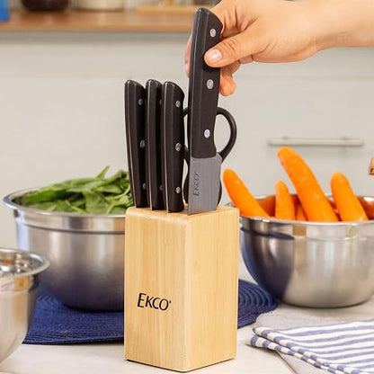 Ekco | Juego de Cuchillos Classic 6 Piezas Acero Inoxidable y Bloque Madera | Hoja completa, Bloque de madera, Tijeras multiusos, Cuchillos para cocina, Destapador integrado, Cascanueces