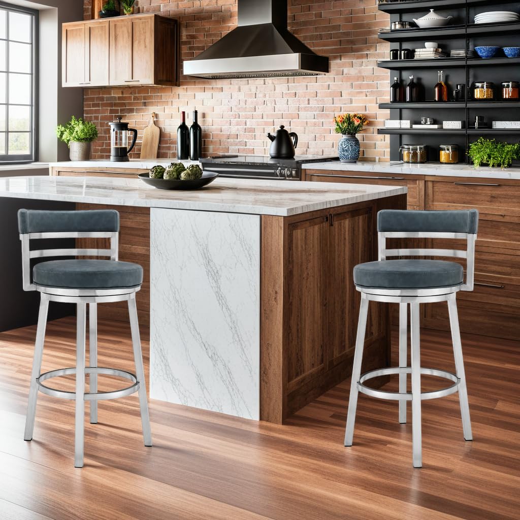 Armen Living Madrid 26" Counter Height Swivel Blue Faux Leather and Brushed Stainless Steel Bar Stool