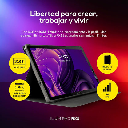 Lanix Ilium Pad RX11, Tablet 10.95" IPS 800x1280, Unisoc T606 Octa Core, 6GB RAM, 128GB, Android 15, Cámara 13MP+5MP, Batería 7500mAh, LTE/Wi-Fi, Bluetooth 5.0, USB-C, Negro