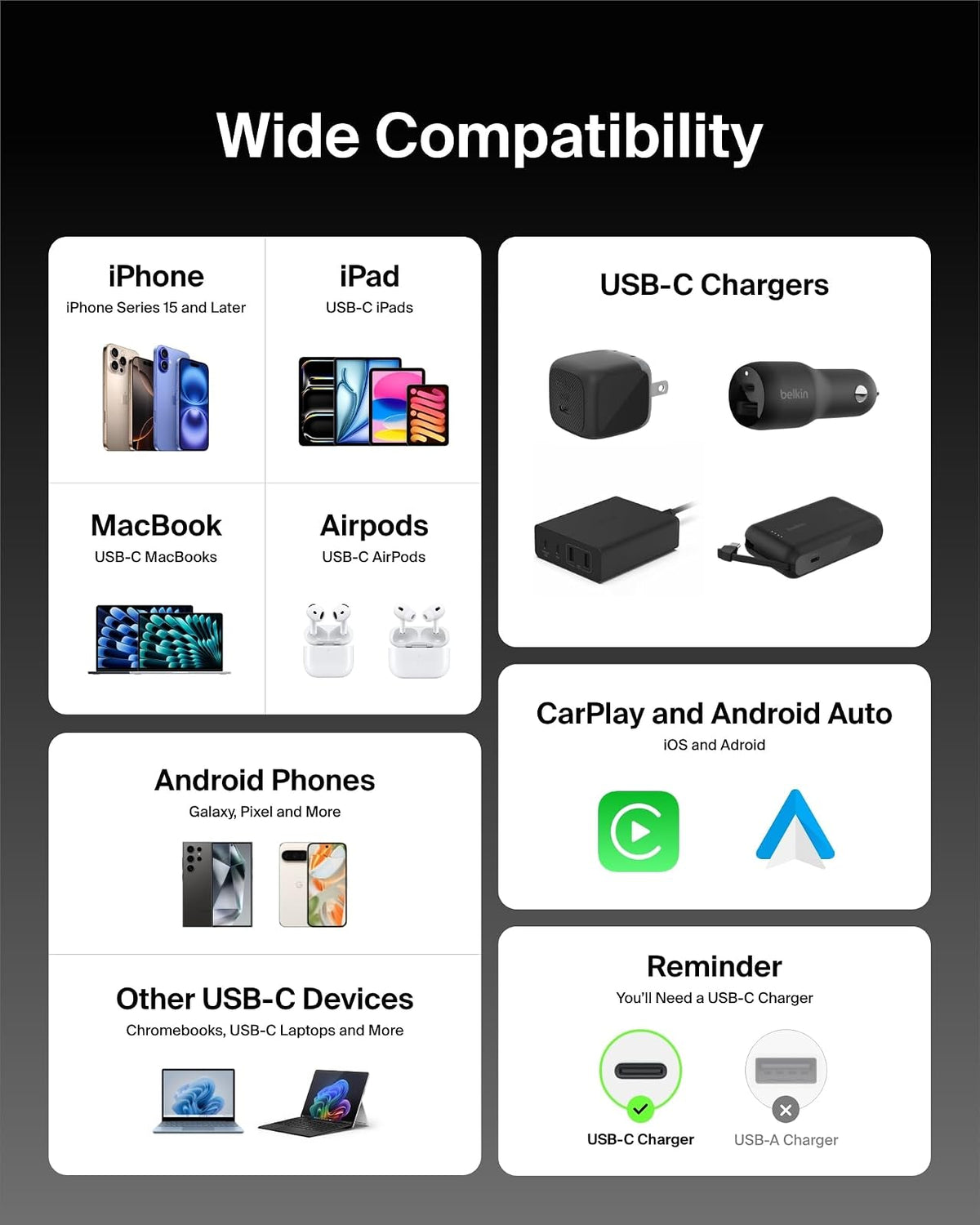 Belkin - Cable trenzado USB C a USB C de 60 W, paquete de 2 unidades, 3 m | iPhone 15/16/17, Samsung Galaxy S26, Pixel 10, Airpods, iPad, Nintendo Switch 2, MacBook, Steam Deck, viajes, Chromebook