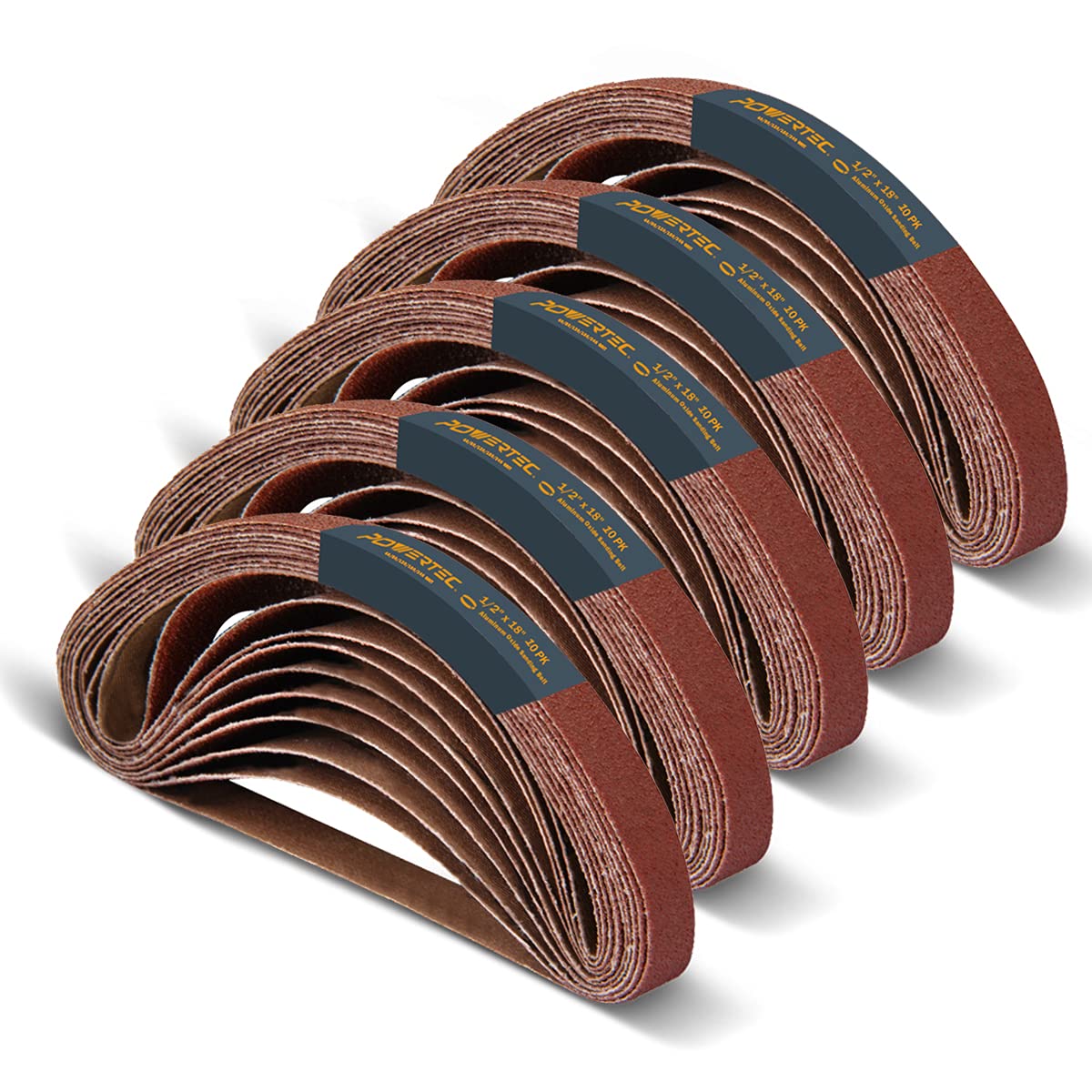 POWERTEC 40182-1 1/2 x 18 pulgadas - Bandas de lijado de óxido de aluminio surtidas, 10 unidades de 40 80 120 180 240 granos | Papel de lija premium para lijadora portátil - 50 unidades