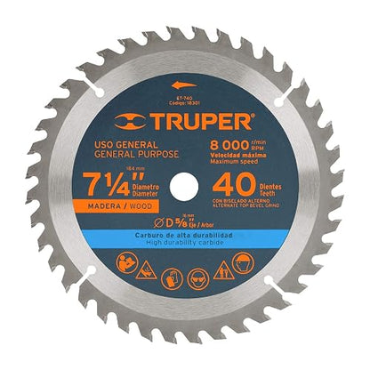Truper ST-740, Disco sierra p/madera 7-1/4", 40 dientes, centro 5/8"