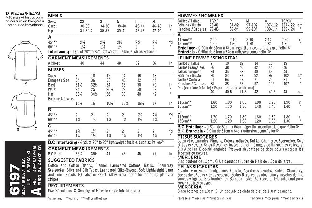 Simplicity U06197A - Kit de Patrones de Costura para Camisa con Botones para Mujer y Hombre, código 6197, Tallas XS-XL