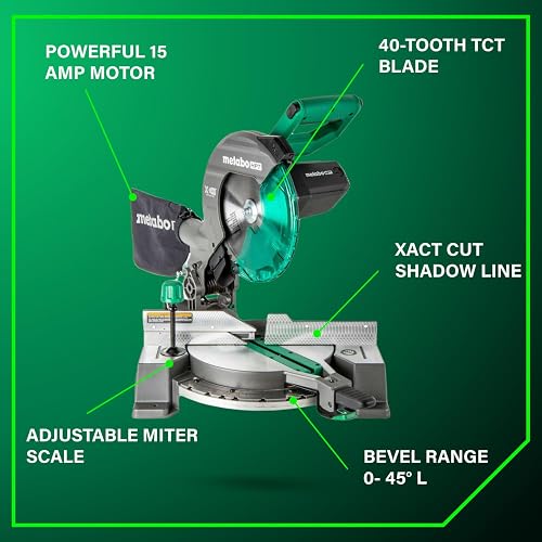 Metabo HPT - Sierra inglete compuesta de bisel único de 10 pulgadas, sierra de potencia de 15 amperios con línea de sombra de corte Xact, ángulos de inglete de precisión, bisel único 0-45°, hoja de