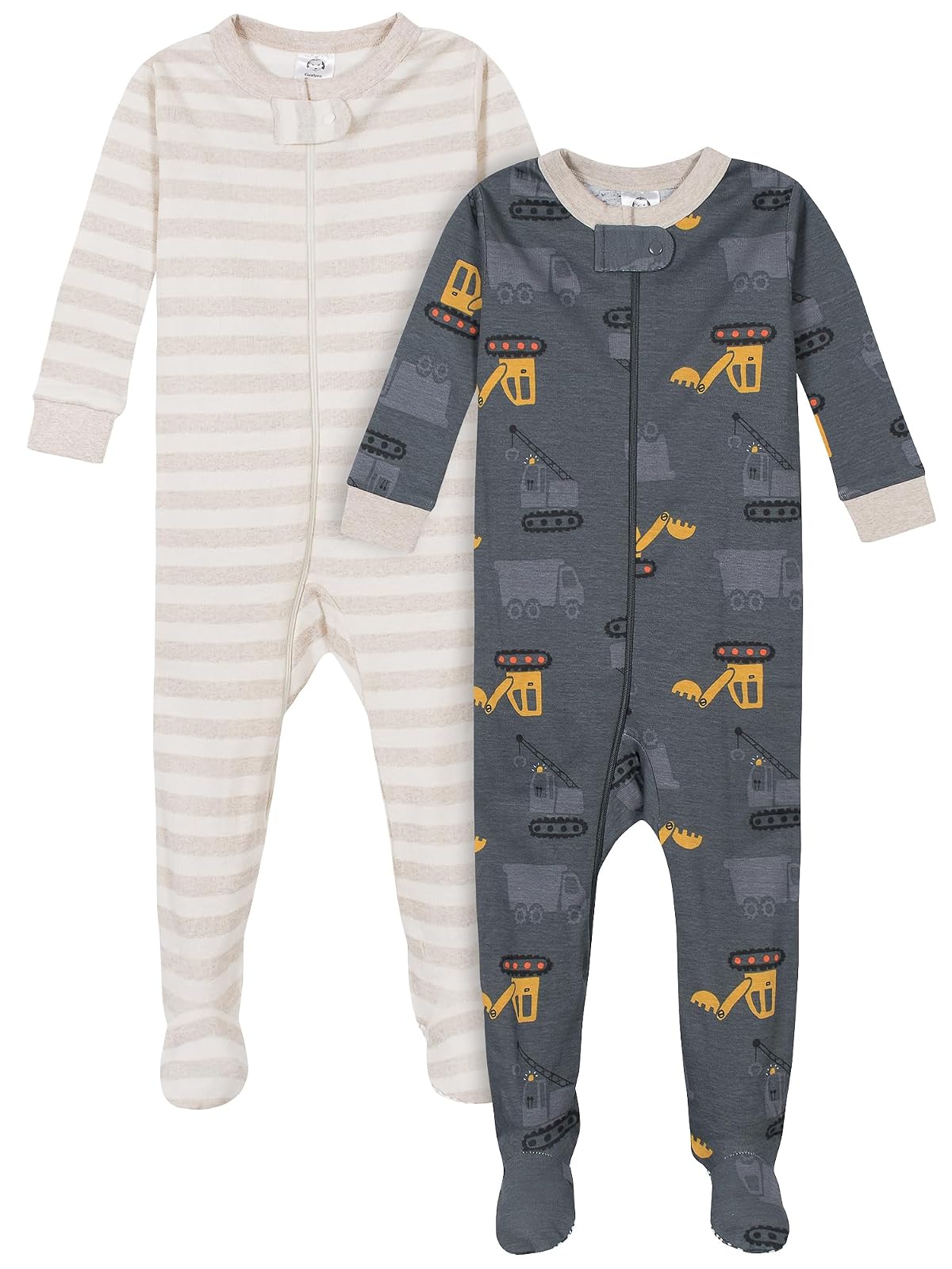 Gerber Pijamas con Pies para Bebé, Paquete de 2, Cierre Frontal - Camión volquete gris - 6-9 Meses