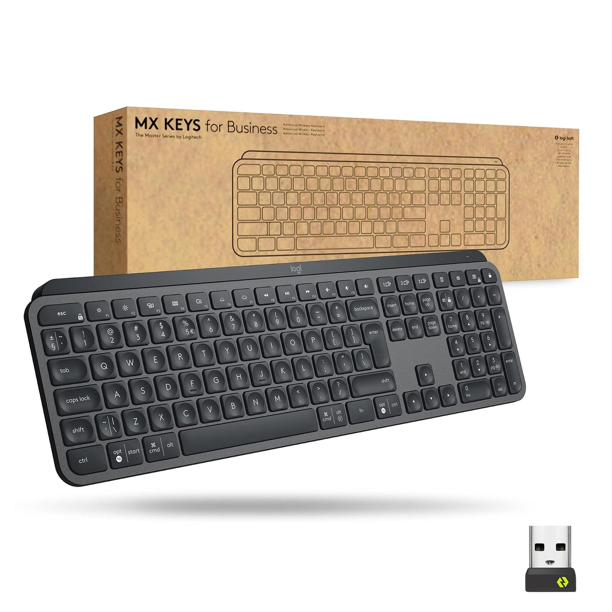 Logitech, MX Keys for Business, Teclado inalámbrico Iluminado avanzado, Escritura táctil con Respuesta óptima, Retroiluminación, Bluetooth, USB-C, Apple macOS, Microsoft Windows, Linux