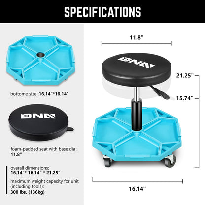 DNA MOTORING - Taburete mecánico neumático de Altura Ajustable con Bandeja de Herramientas, Capacidad máxima de Peso de 300 Libras, Azul, TOOLS-00480