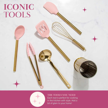 Paris Hilton - Juego de utensilios de cocina con utensilios de cocina de silicona, batidor y cucharón de acero inoxidable, 7 piezas, rosa y dorado
