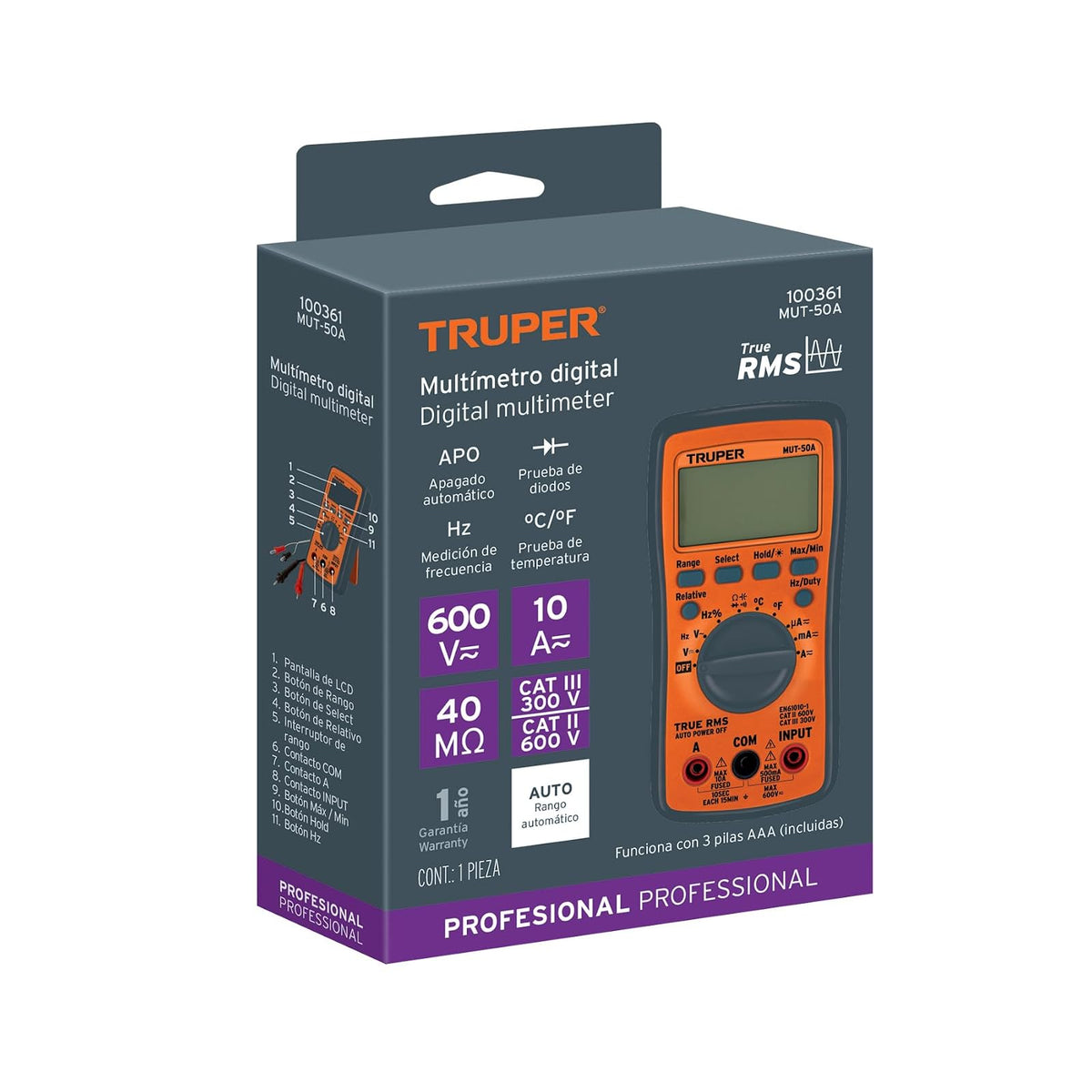 TRUPER MUT-50A, Multímetro profesional con RMS verdadero y auto rango