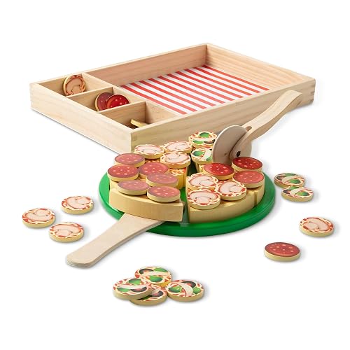 Melissa & Doug Alimentos de Juguete para Fiesta de Pizza, Juego de Imitación de Hacer Pizza, Juguete de Madera Pestañas Autoadhesivas, Más de 30 Piezas