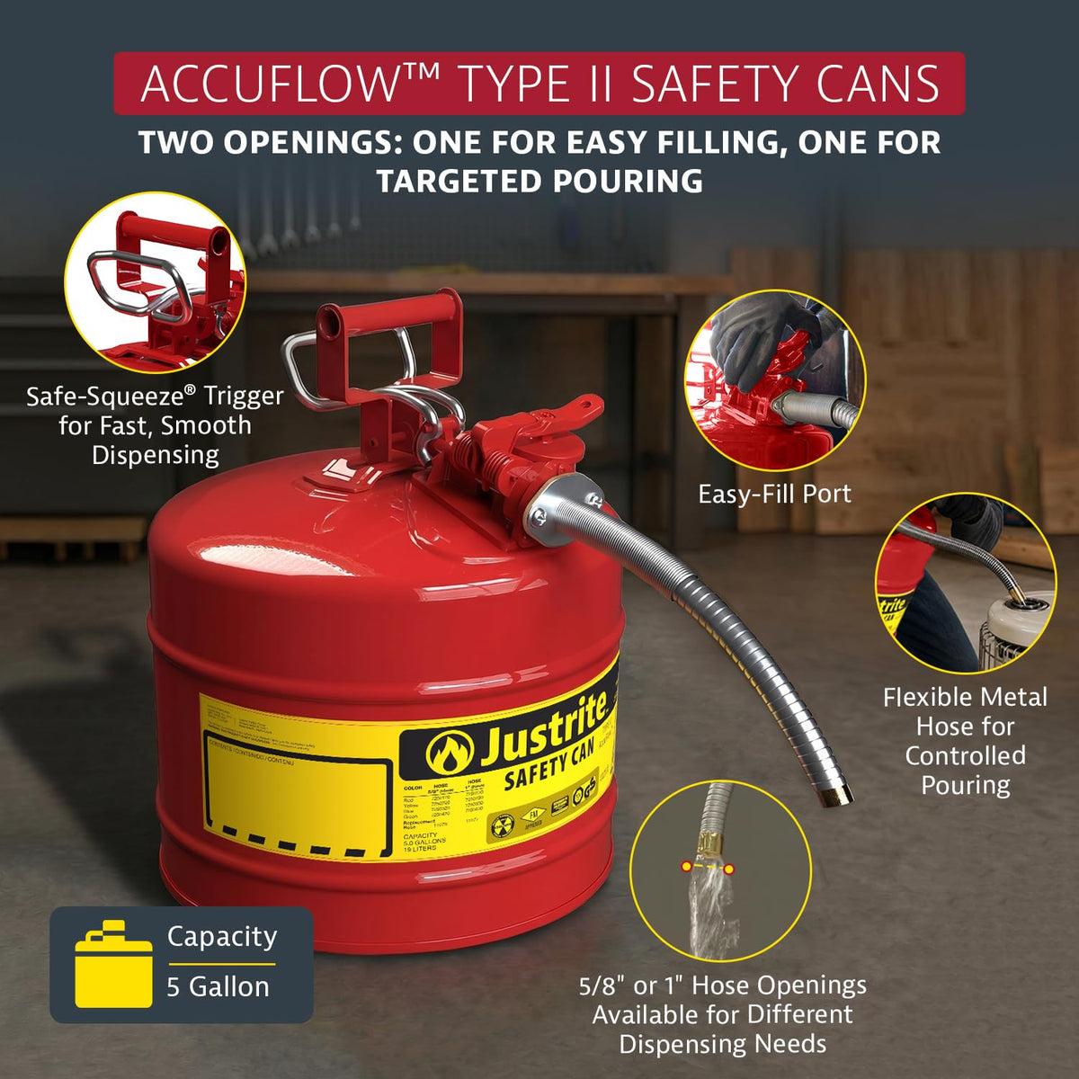 Justrite 7250130 Galvanized Steel, AccuFlow Type II Red Safety Can with 1" Flexible Spout, Large ID zone, Meets OSHA & NFPA For Handling Hazardous liquids. 5 Gallon (19L) Size.