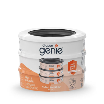 Recambio redondo Diaper Genie con fragancia Clean Laundry |Paquete de 3 |Con película continua, puede contener hasta 810 pañales de tamaño recién nacido