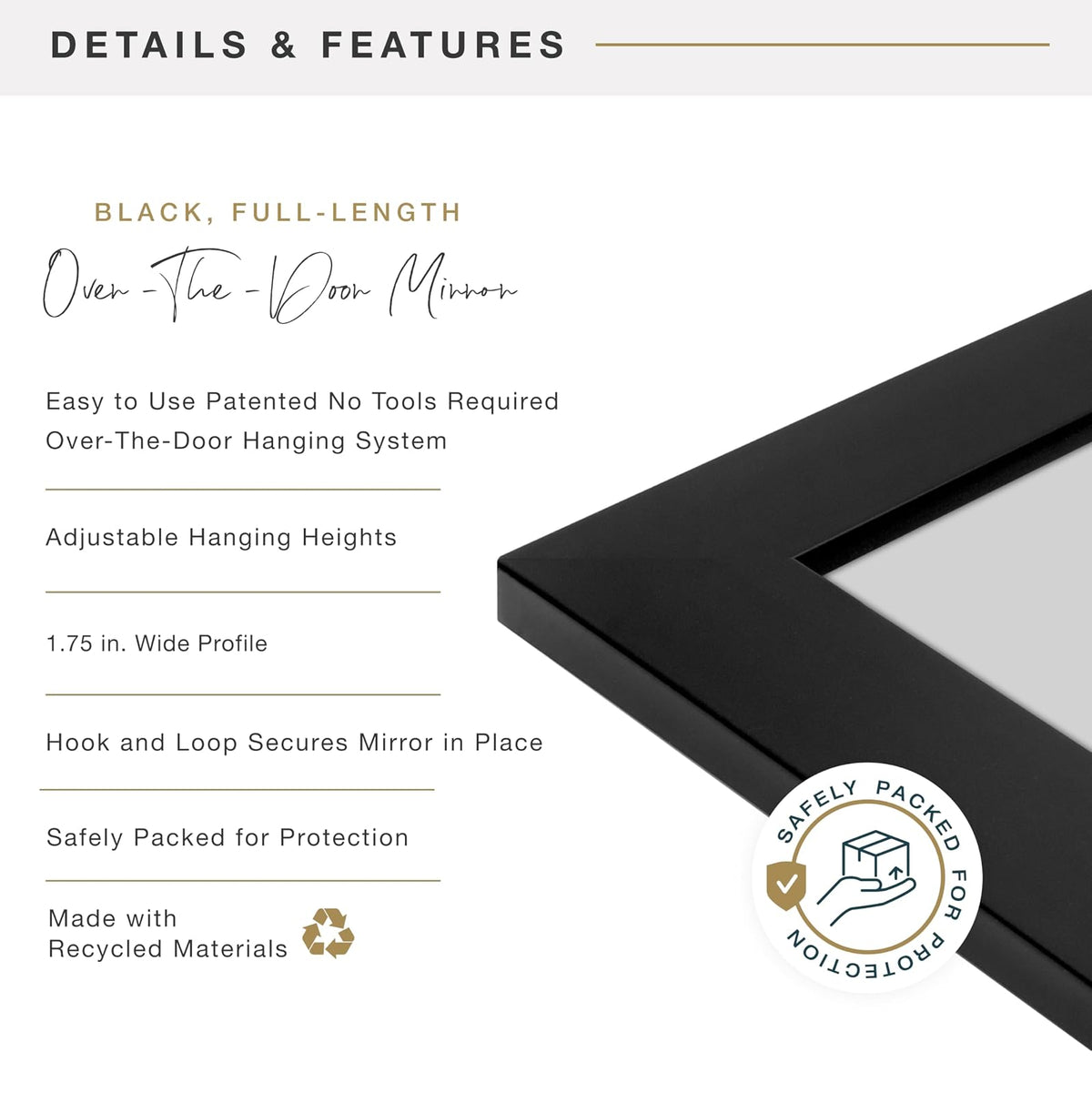 MCS - Espejo de 14.7 x 50.7 Pulgadas, Color Negro, Espejo Colgante de Longitud Completa para Puertas de recámara y baño, diseño Ligero con Sistema Patentado Que no Requiere Herramientas para Colgar