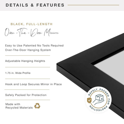 MCS - Espejo de 14.7 x 50.7 Pulgadas, Color Negro, Espejo Colgante de Longitud Completa para Puertas de recámara y baño, diseño Ligero con Sistema Patentado Que no Requiere Herramientas para Colgar