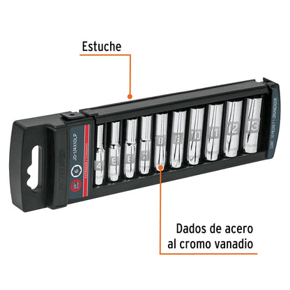 Truper JD-1/4X10LP, Juego de 10 dados largos, cuadro 1/4", standard
