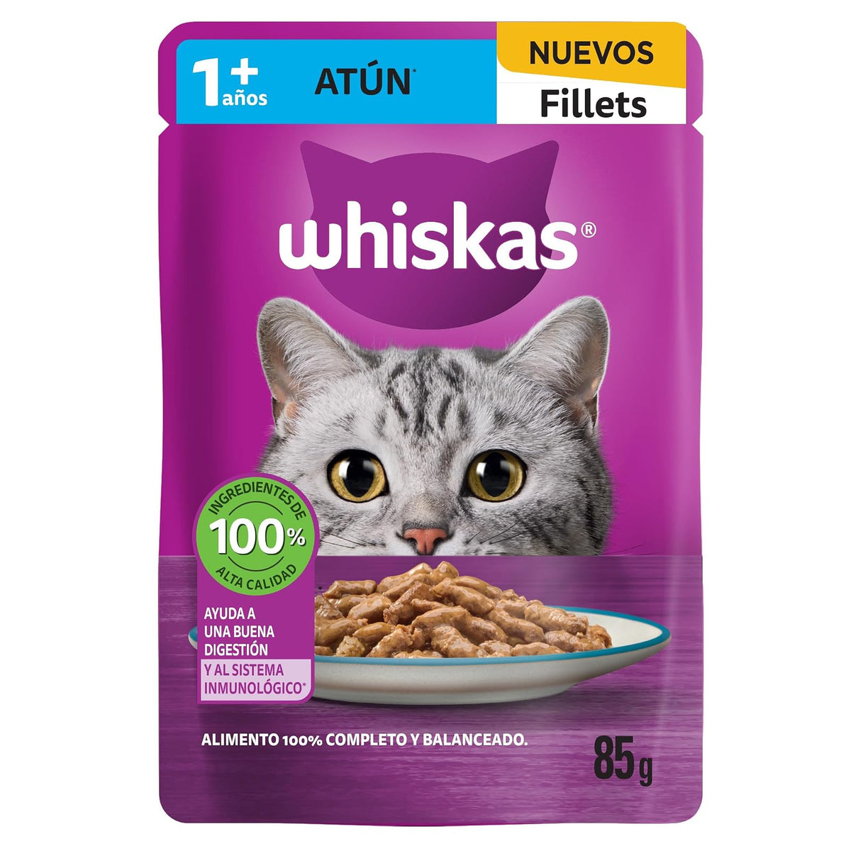 Whiskas - Sobres para Gato, 24 Piezas, Sabor Filetes De Atún, 85g c/u., Fibra Natural, Minerales, Vitaminas A, Sin Conservadores