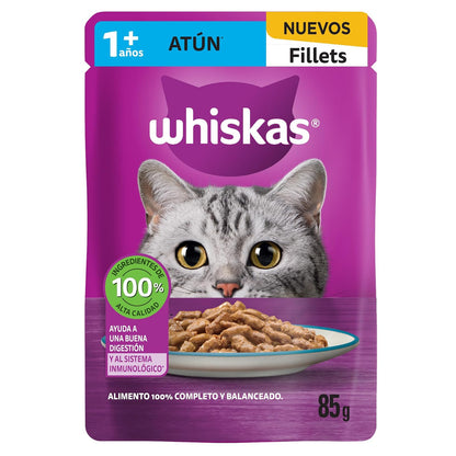 Whiskas - Sobres para Gato, 24 Piezas, Sabor Filetes De Atún, 85g c/u., Fibra Natural, Minerales, Vitaminas A, Sin Conservadores