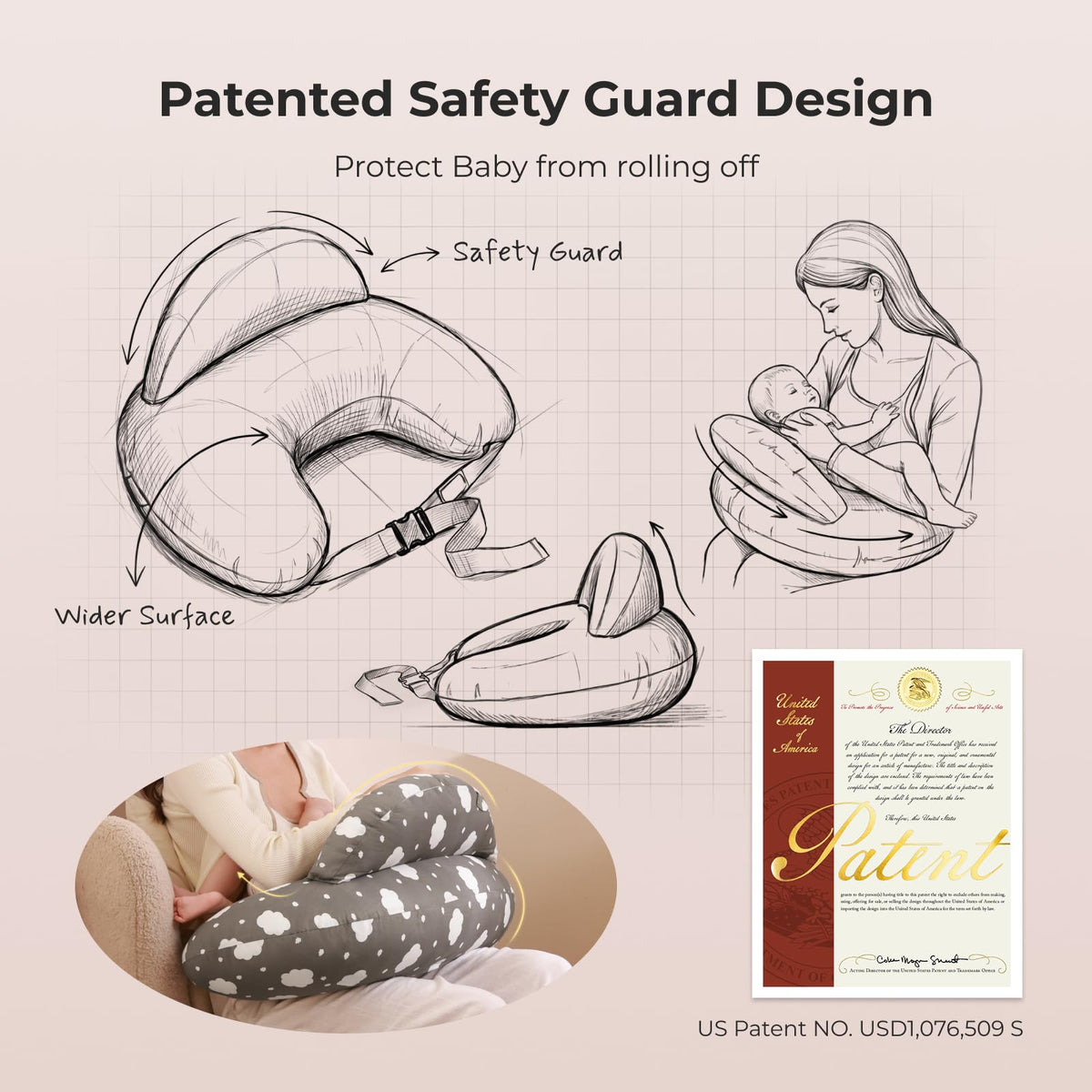 Momcozy Almohada de Lactancia Original para Amamantar, Barrera de Seguridad Innovadora, Diseño Ancho para Mayor Apoyo, Ideal para Mamá y Bebé