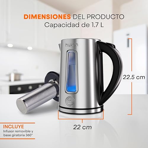 Hukën x MasterChef | Tetera Eléctrica STEEL-FUSE 1.7L | Hervidor de Agua con Infusor de Té Removible | Acero Inoxidable | Apagado Automático | Base 360° | Luz LED | Ventana de Agua