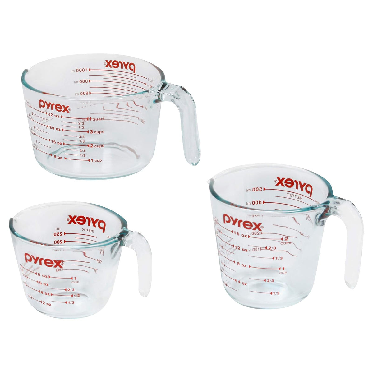 Pyrex Juego de Tazas Medidoras, 3 unidades, vidrio | Para preparar, hornear y cocinar, horno precalentado, lavaplatos, congelador y microondas