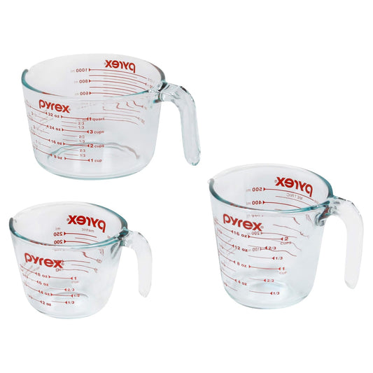 Pyrex Juego de Tazas Medidoras, 3 unidades, vidrio | Para preparar, hornear y cocinar, horno precalentado, lavaplatos, congelador y microondas