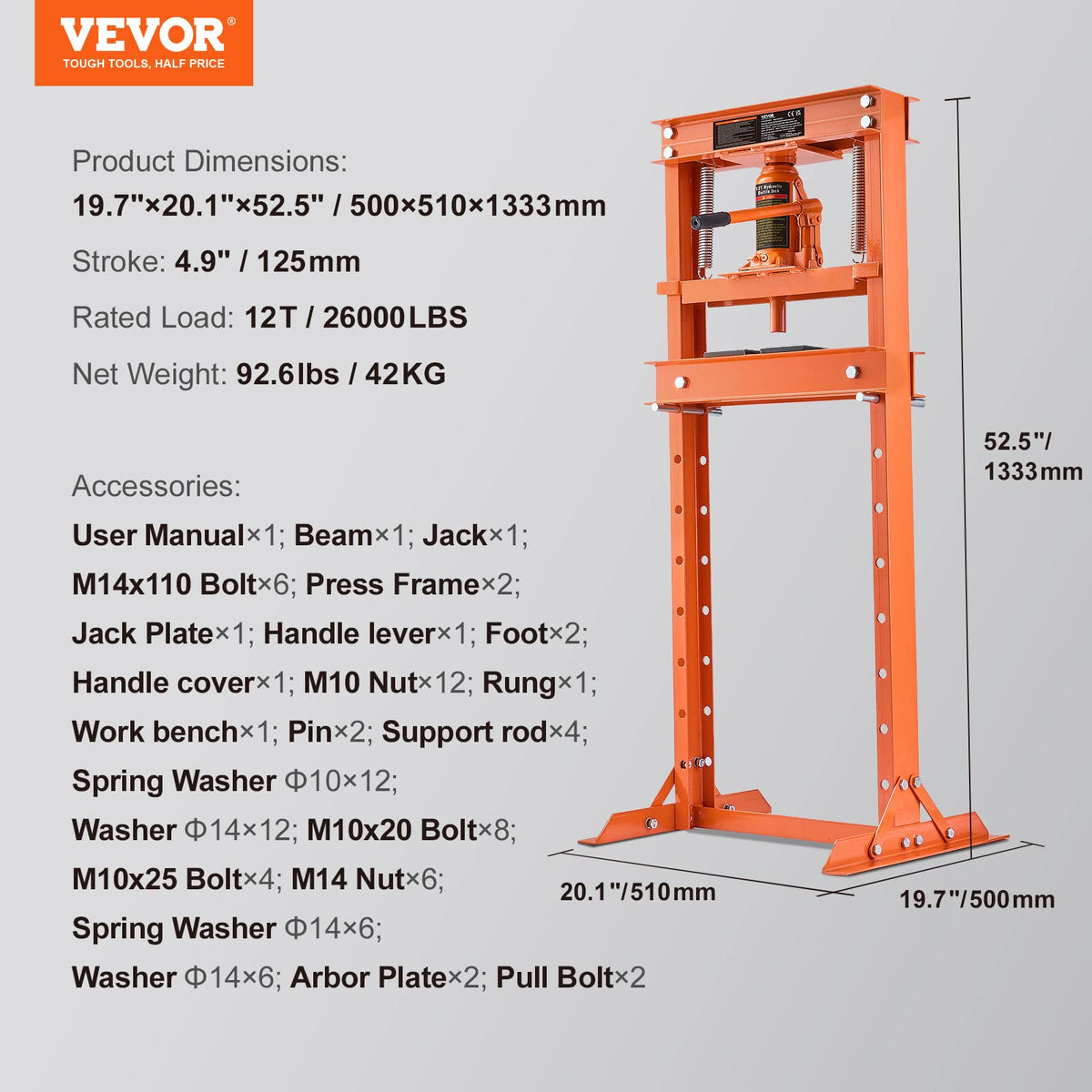 VEVOR - Prensa hidráulica para Taller, 12 toneladas/2600 Libras, Marco en H, Altura Ajustable de 4 Soportes, con Placas móviles, para cochera o usuarios Profesionales, Color Naranja