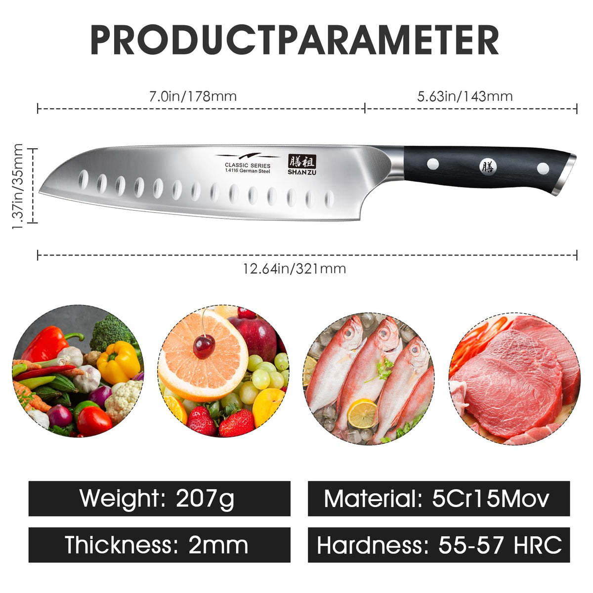 Cuchillo de Cocinero SHANZU Santoku 7 Pulgadas - Chef Profesional Alto Carbono con Acero Cromado Afilado, Hoja Santoku para Cocina y Chefs