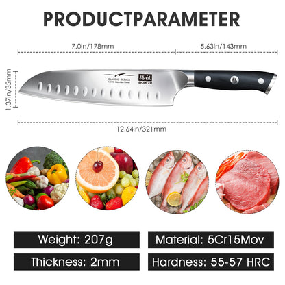 Cuchillo de Cocinero SHANZU Santoku 7 Pulgadas - Chef Profesional Alto Carbono con Acero Cromado Afilado, Hoja Santoku para Cocina y Chefs