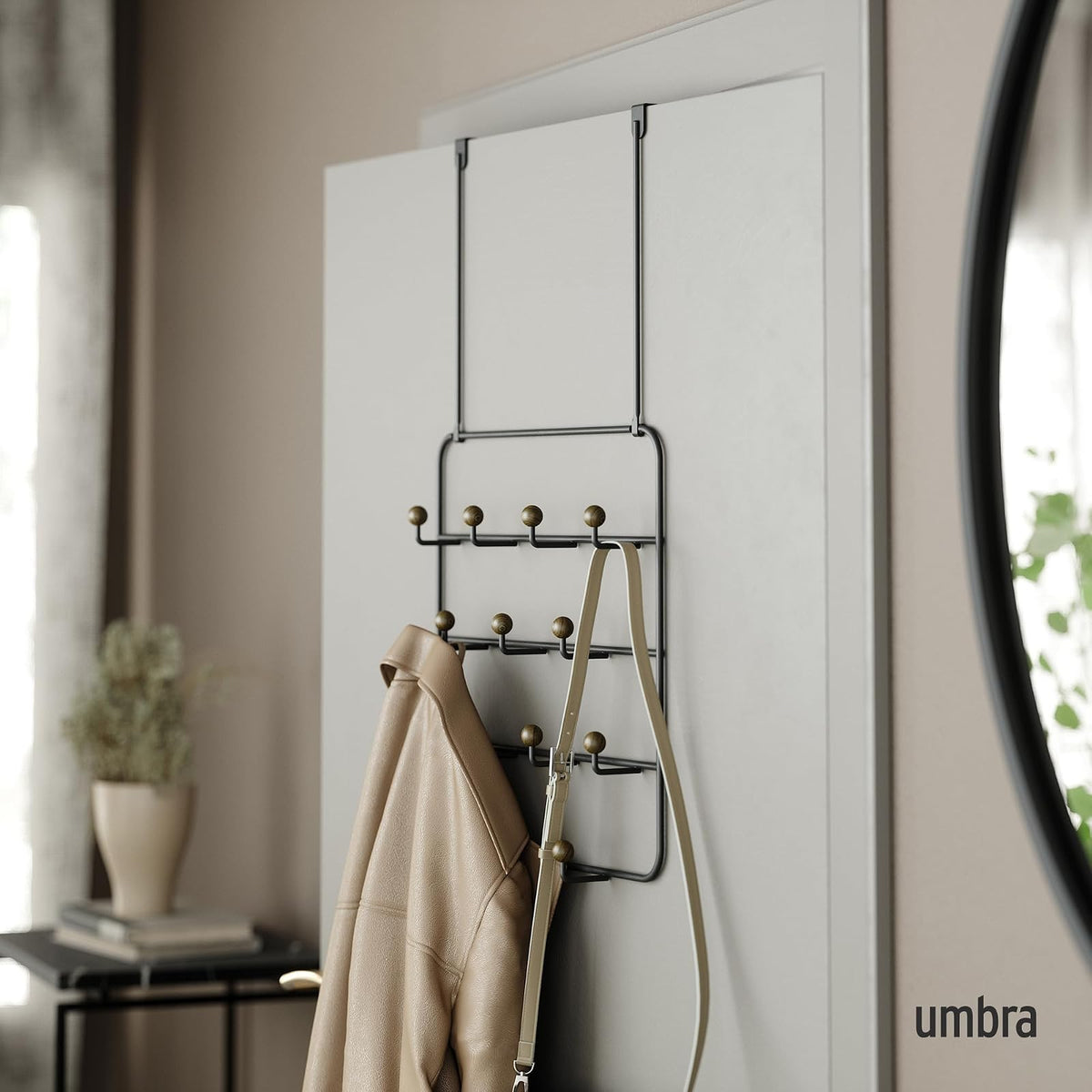 Umbra Estique Organizador con múltiples ganchos | Clavijas de madera de acero, sin enganches, se adapta a puertas de 1.6 pulgadas, acabado recubierto de energía