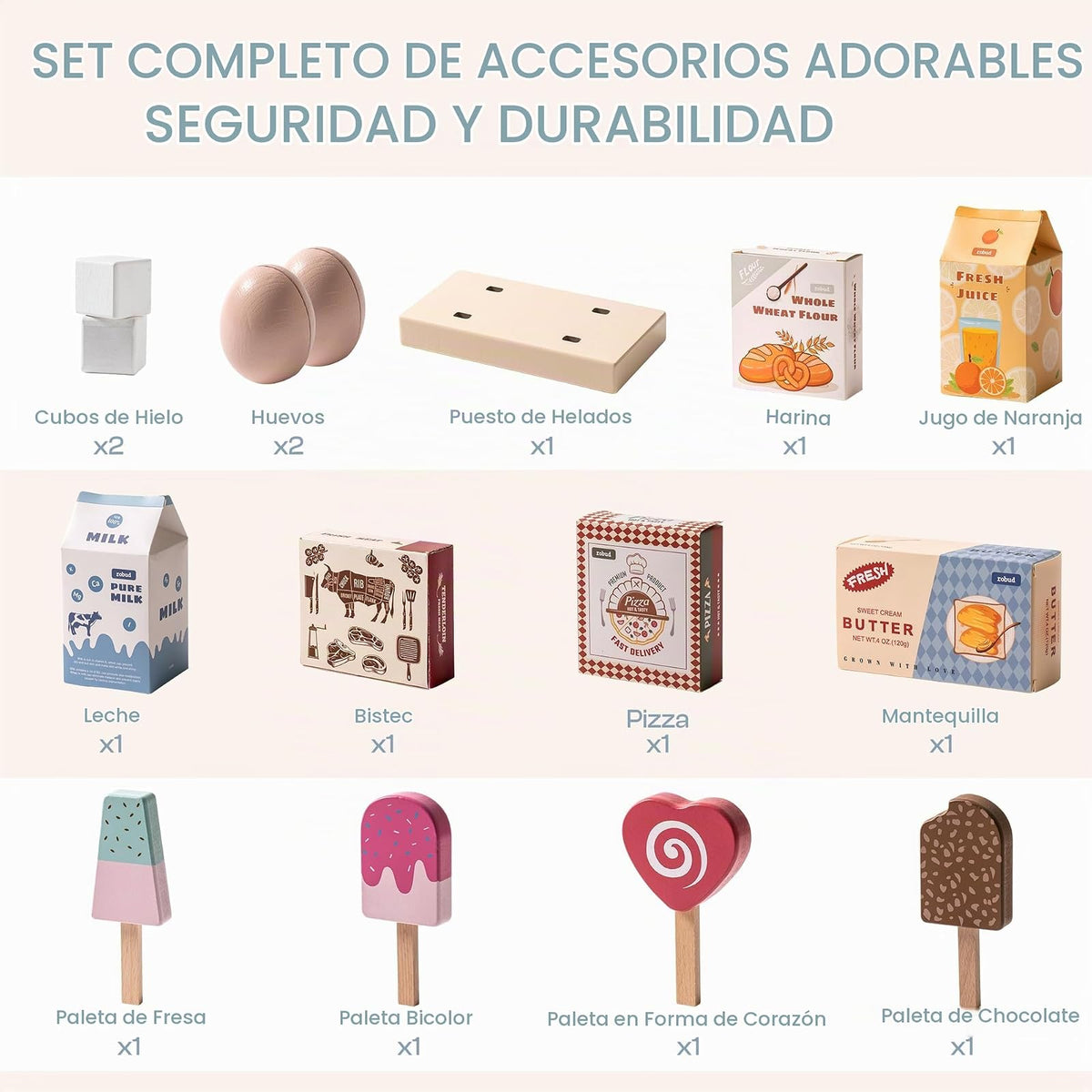 ROBUD Frigorífico de Madera - Realista e Interactivo con máquina de Hielo y Juguetes alimenticios - Adecuado para niños a Partir de 3 años