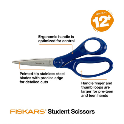 Fiskars - Tijeras para estudiantes de 7 pulgadas para niños de 12 a 14 años (paquete de 3), tijeras para la escuela o manualidades, suministros de regreso a la escuela, morado, azul y turquesa