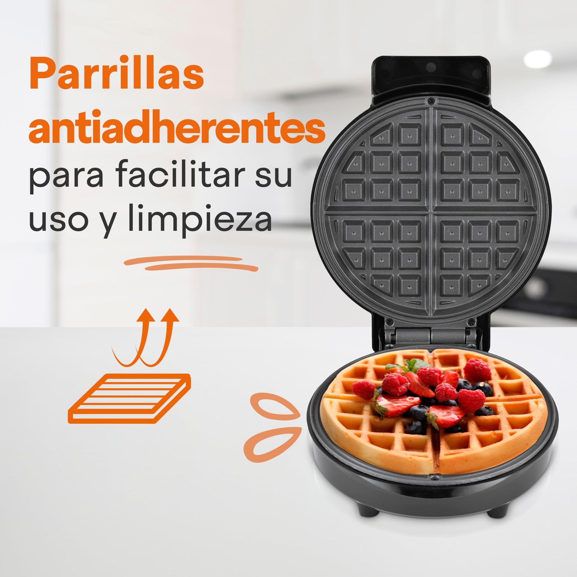 Hukën x MasterChef | Wafflera Belga Eléctrica Flash Cook Redonda | Calentamiento Rápido y Uniforme | Temperatura Automática | Antiadherente de Alto Nivel | Luces Indicadoras | Color Negro