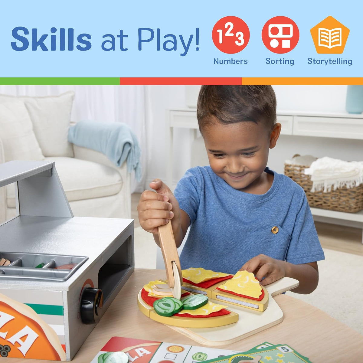 Melissa & Doug Mostrador para Hornear y Alistar Pizza, Juguete de Madera, Juego de Imitación, Ayuda a Fortalecer el Desarrollo Cognitivo (34 Piezas)