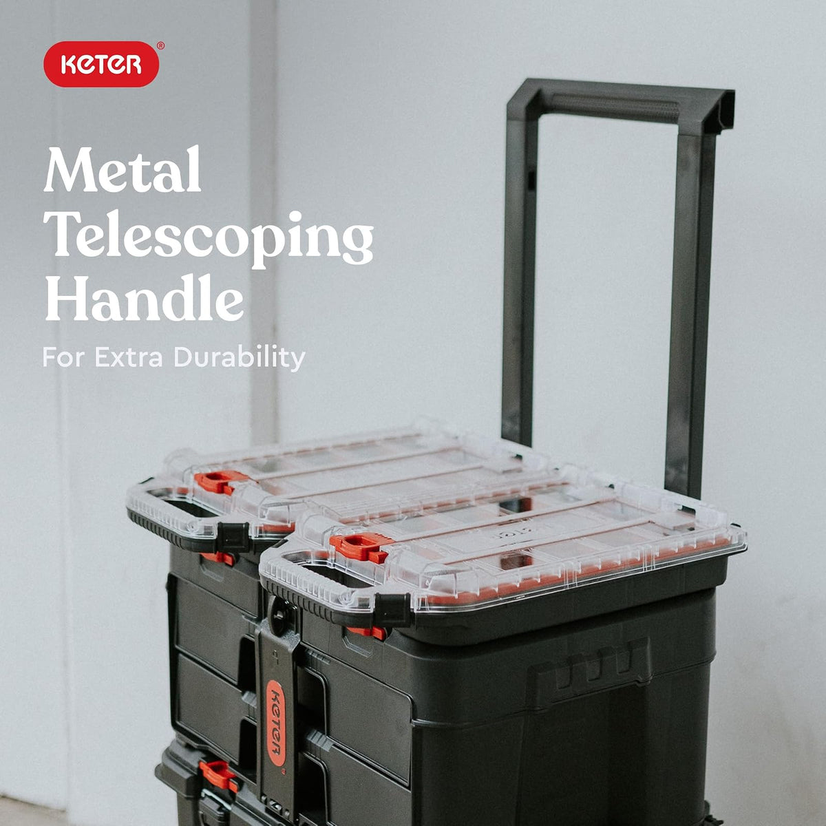 Keter Stack-n-Roll Organizador de herramientas modulares para almacenamiento de cochera y bricolaje, sistema de caja de herramientas de resina para piezas pequeñas, color negro