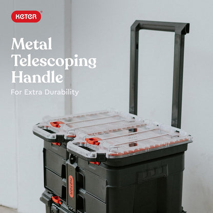 Keter Stack-n-Roll Organizador de herramientas modulares para almacenamiento de cochera y bricolaje, sistema de caja de herramientas de resina para piezas pequeñas, color negro