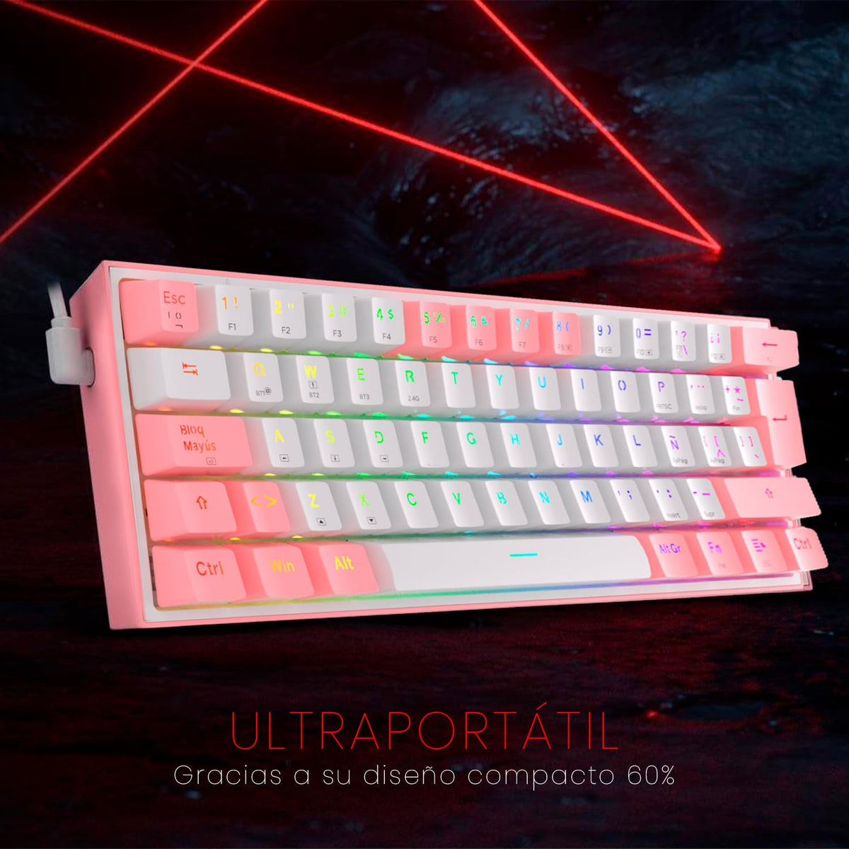 Redragon Teclado mecánico Fizz Pro Blanco/Rosa K616-RGB-WP SP Español Latinoamerica, tamaño 60%, RGB, Wireless dongle USB 2.4Ghz, Bluetooth 5.0, Compacto de 61 Teclas, switches Red, Software