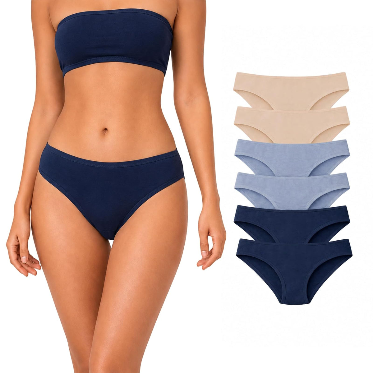 BODYcontrol Pantaletas Bikini de Algodón para Mujer - M - MARINO - AZUL - NUDE - SET 6