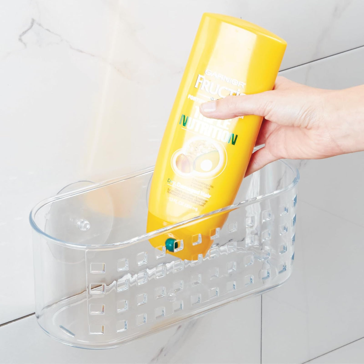 interDesign Basic Cesta para Ducha, Estante de baño de plástico con Ventosa para Colocar sin Taladro, Transparente