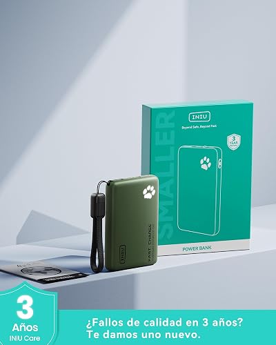 INIU Power Bank, 40% Más Pequeño 10000mAh 45W Carga Rápida Batería Portátil | Cable USB C Desmontable, Apto para Avión, Esenciales de Viaje, Bateria Portatil para iPhone 17 Samsung Xiaomi etc. [Verde]