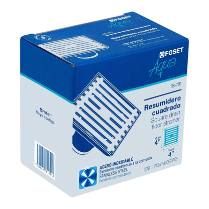 Foset Aqua RS-701, Resumidero cuadrado de acero inoxidable, 4" x 4"