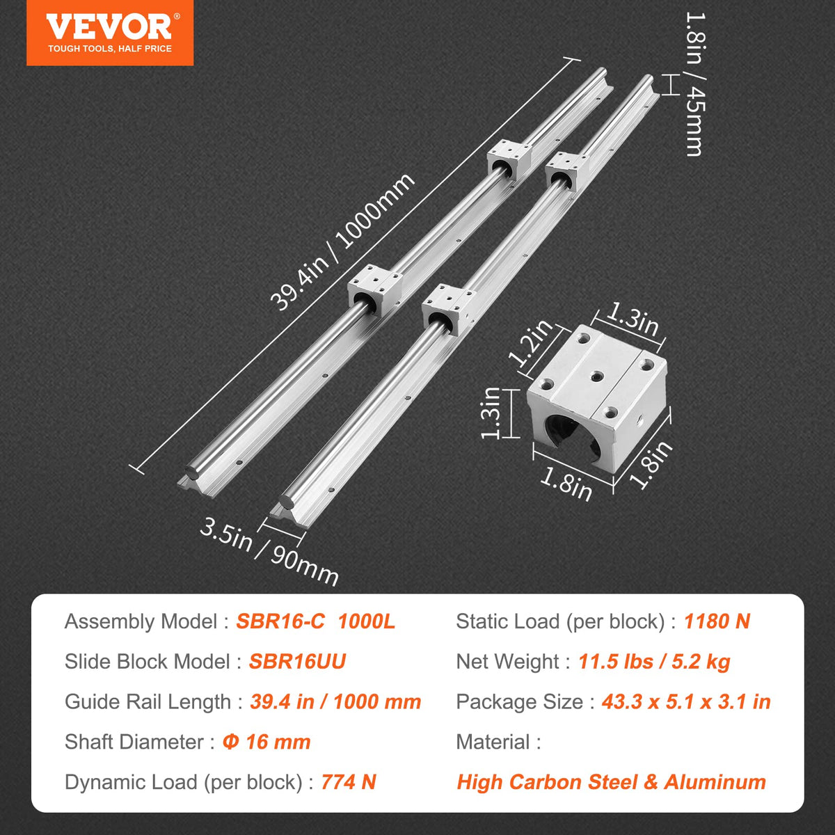 VEVOR SBR16 Rieles de Guía Lineal 1000mm 2PCS Carril Lineal 1000m 4PCS Bloque de Cojinete SBR16UU Kit de Deslizamiento de Cojinete Lineal para Máquinas Automatizadas CNC Fresadoras Tornos Impresora 3D