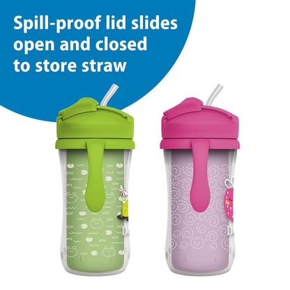 Dr. Brown's Milestones - Taza aislada para sorbos con popote y asas, vaso a prueba de derrames con tapa, paquete de 2, verde y morado, 10 onzas, 300 ml, última intervensión de BPA, 12 m +