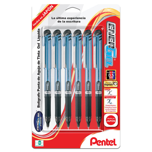 Pentel EnerGel Bolígrafo de Gel Líquido, Punta de Aguja, 0.5 mm, Cuerpo Azul Claro, Tinta Negra, Paquete con 6 Piezas, BLN15BP6-A