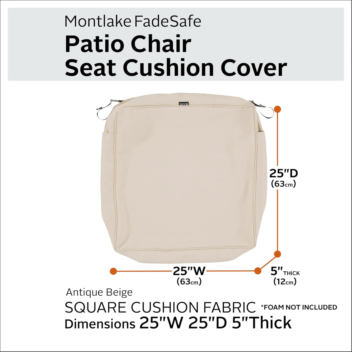 Classic Accessories Montlake - Funda de cojín para asiento de patio, Beige antiguo, 25" x 25" x 5" thick