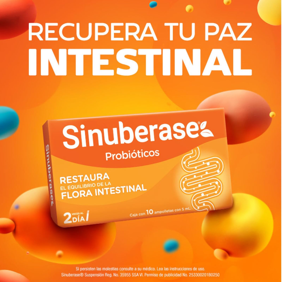 Sinuberase Probióticos en Suspensión 2 Billones de UFC 10 Ampolletas. Restaura el Equilibrio de la Flora Intestinal Alterado por Diarrea o Uso de Antiobióticos
