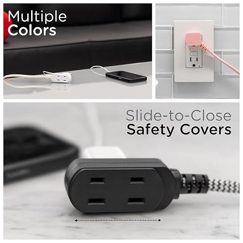 Cordinate Designer, Extension Electrica de 3 salidas polarizadas, Cable Trenzado de 2.4 m (8 pies), Sistema de Seguridad para Trabar, Enchufe Plano, Certificacion ETL, Blanco/Negro, 1 paquete, 39984