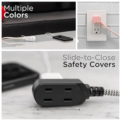 Cordinate Designer, Extension Electrica de 3 salidas polarizadas, Cable Trenzado de 2.4 m (8 pies), Sistema de Seguridad para Trabar, Enchufe Plano, Certificacion ETL, Blanco/Negro, 1 paquete, 39984