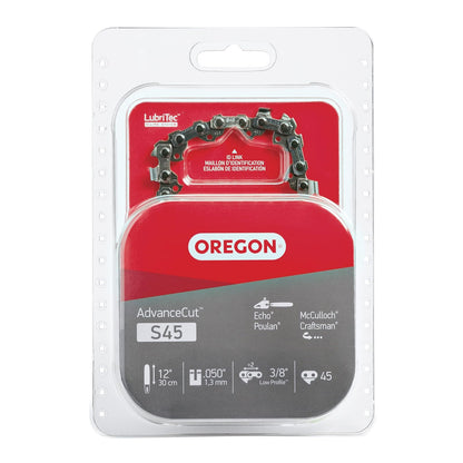 Oregon S45 AdvanceCut - Cadena de Repuesto para Barra guía de 12 Pulgadas, 45 eslabones de transmisión, Paso: Perfil bajo de 3/8 Pulgadas, Baja vibración, Calibre de 0.50 Pulgadas